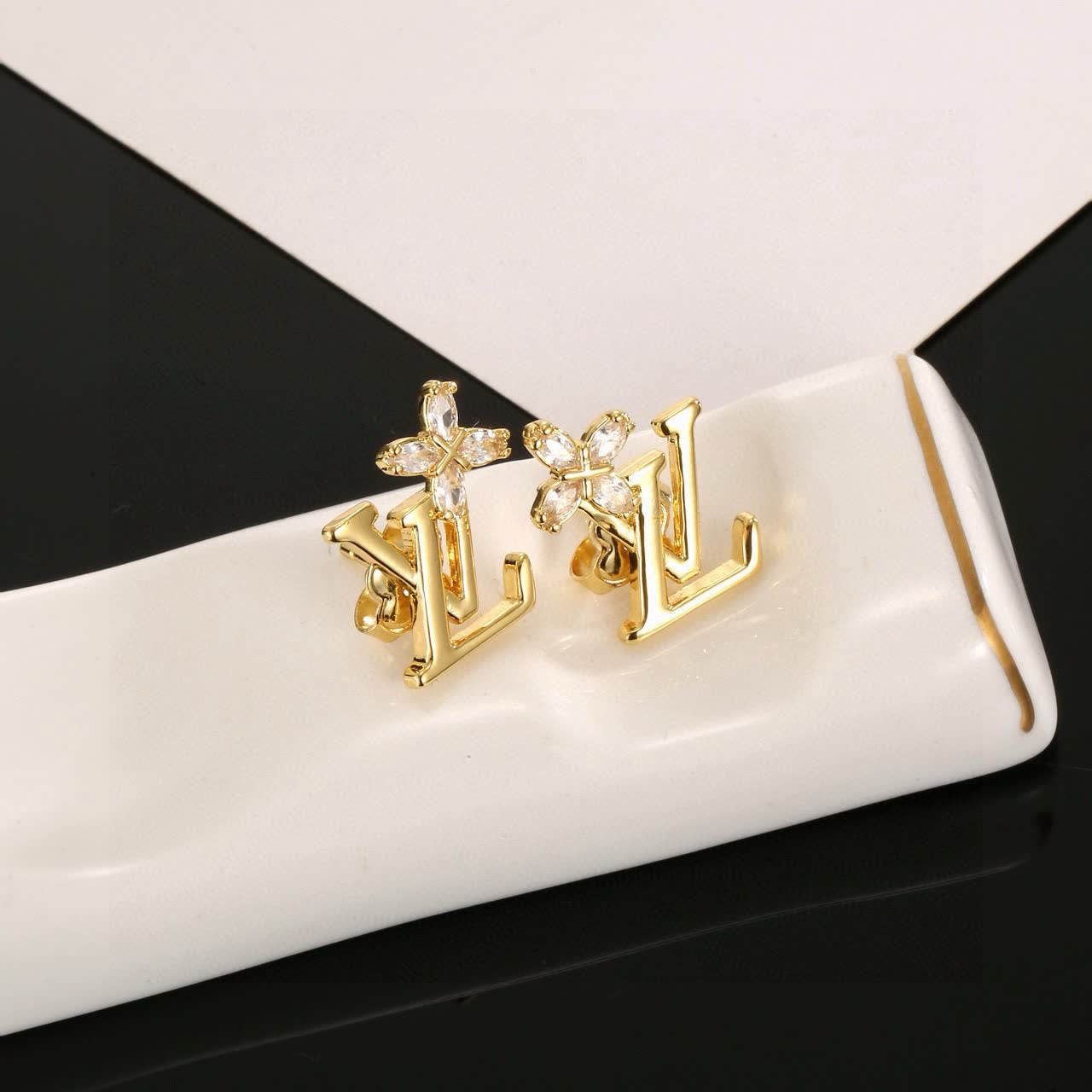 Louis Vuitton Gold Tone Crystal Flower Earrings